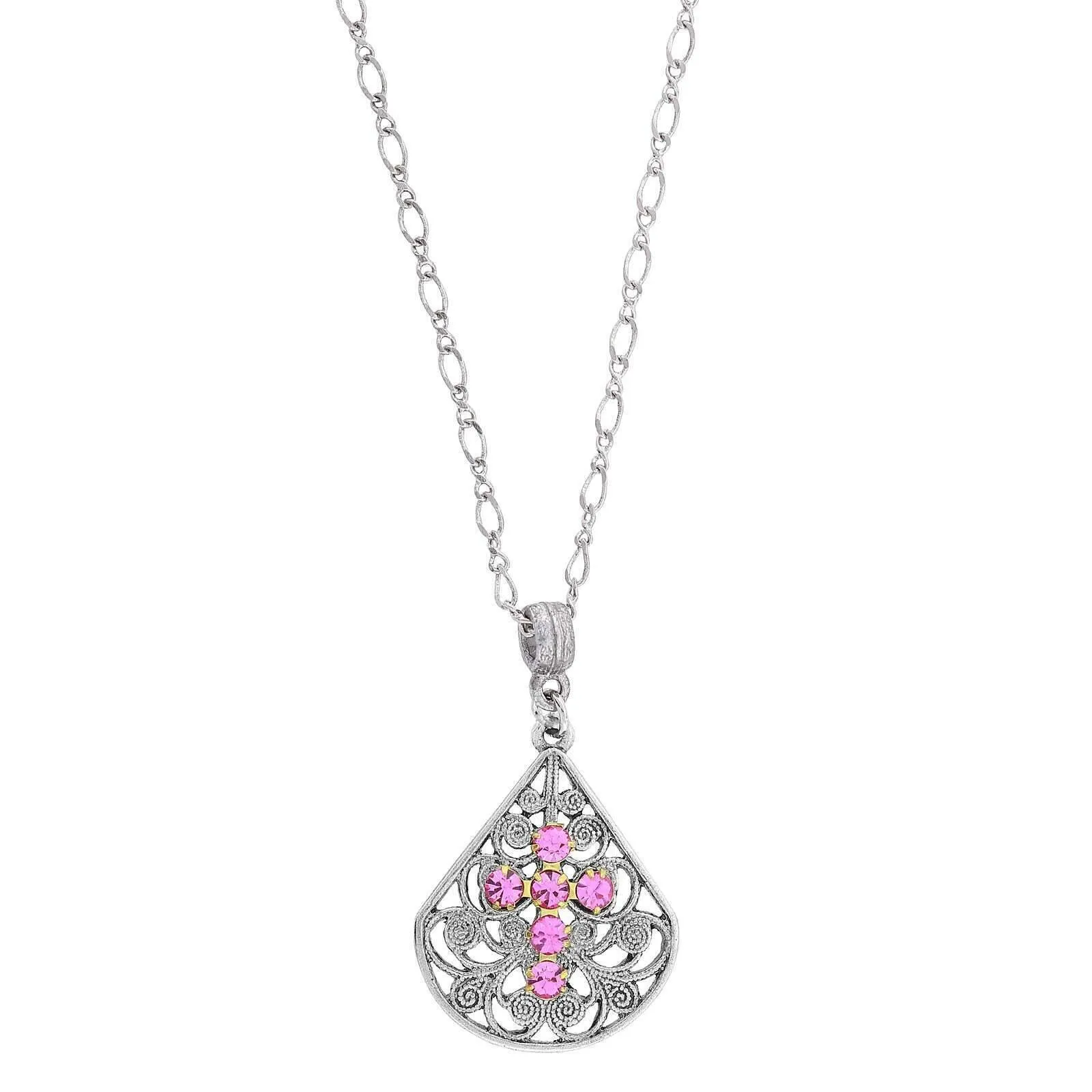 1928 Jewelry Crystal Cross Fan Filigree Teardrop Pendant Necklace 16"   3" Extender 1928 Jewelry