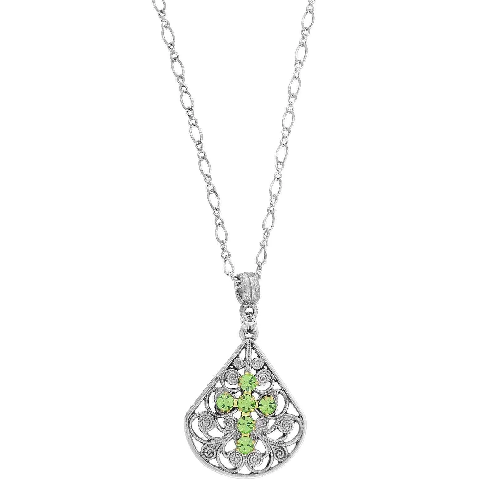 1928 Jewelry Crystal Cross Fan Filigree Teardrop Pendant Necklace 16"   3" Extender 1928 Jewelry