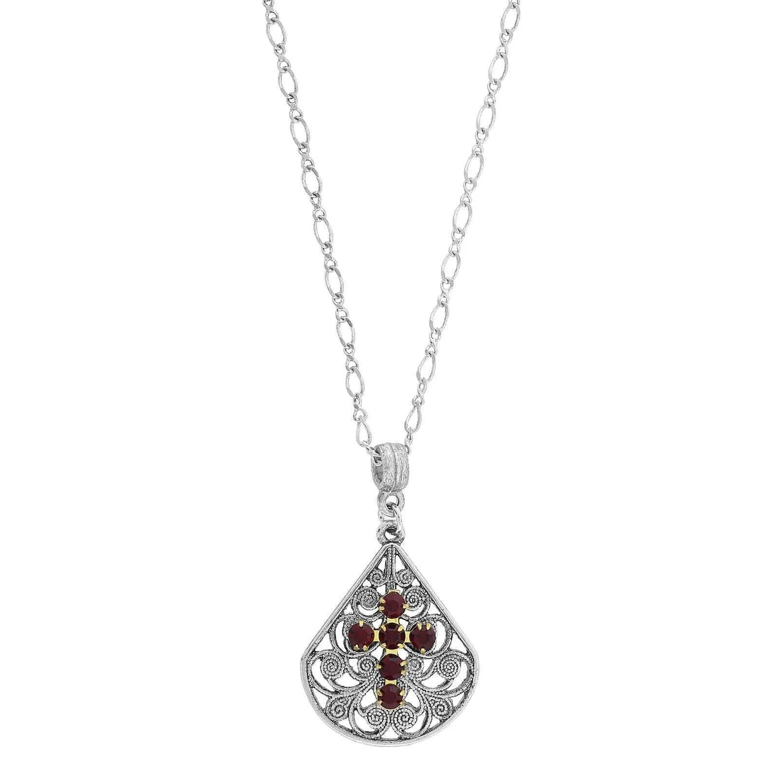 1928 Jewelry Crystal Cross Fan Filigree Teardrop Pendant Necklace 16"   3" Extender 1928 Jewelry