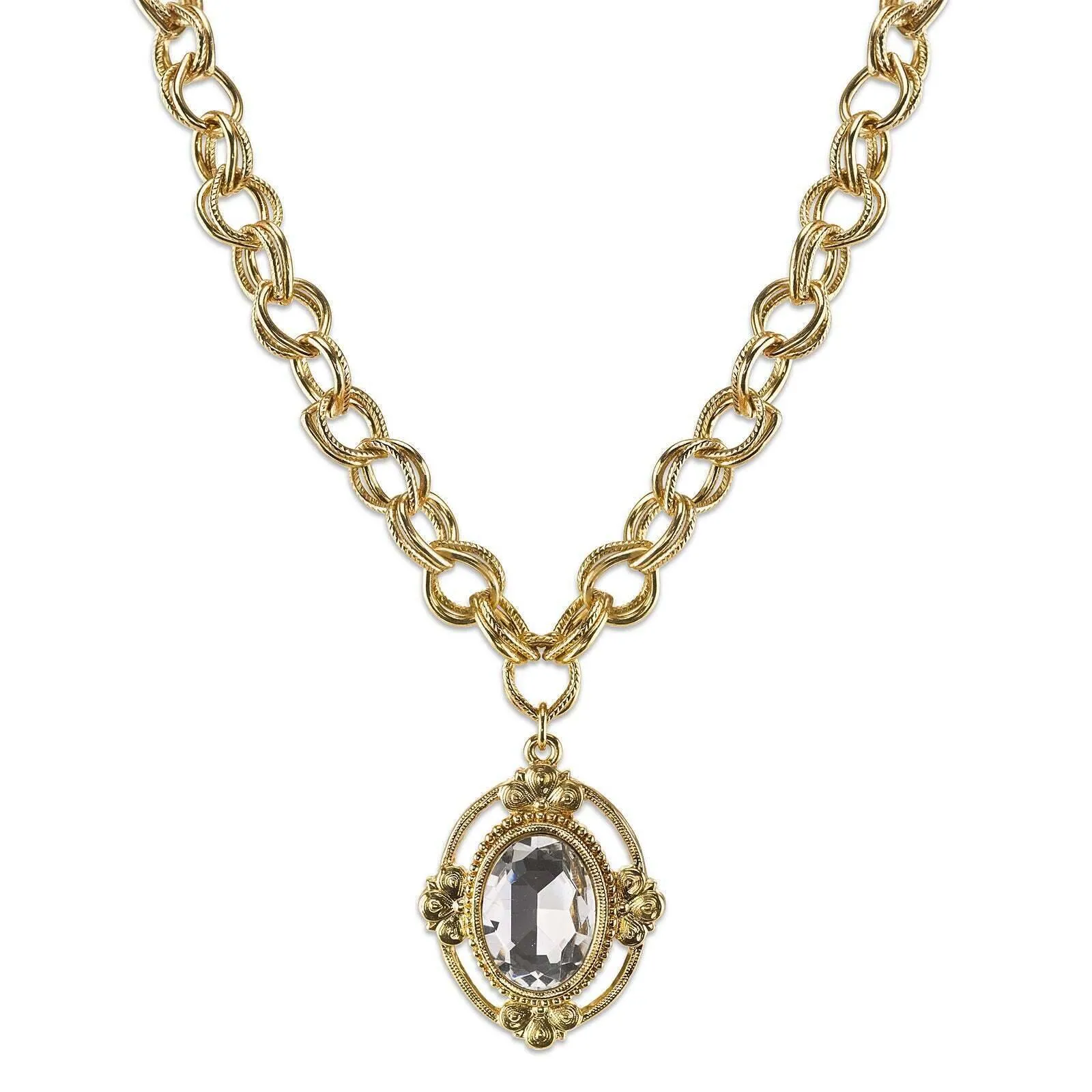 1928 Jewelry Crystal Faceted Oval Pendant Necklace 16"   3" Extender 1928 Jewelry