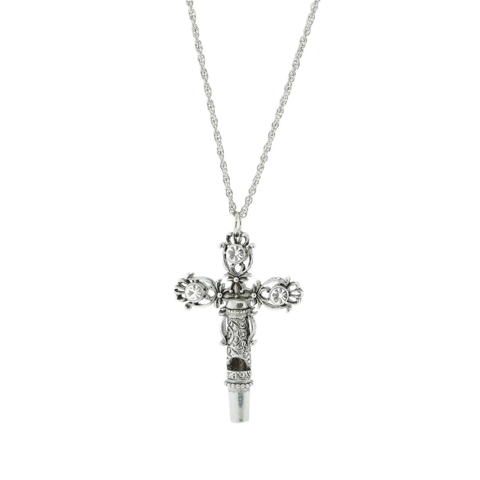 1928 Jewelry Crystal Filigree Cross Whistle Pendant Necklace 30" 1928 Jewelry