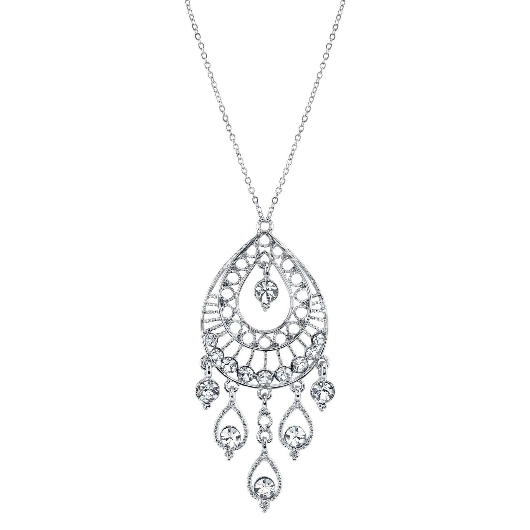 1928 Jewelry Crystal Filigree Multiple Teardrop Pendant Necklace 16"   3" Extender 1928 Jewelry