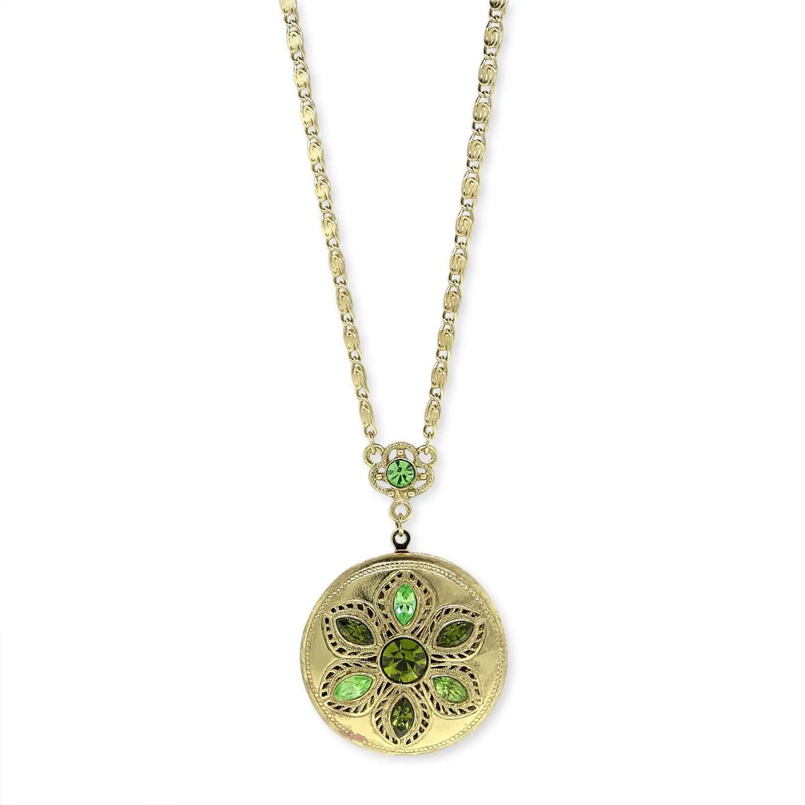 1928 Jewelry Crystal Flower Round Locket Necklace 22   3" Extender 1928 Jewelry