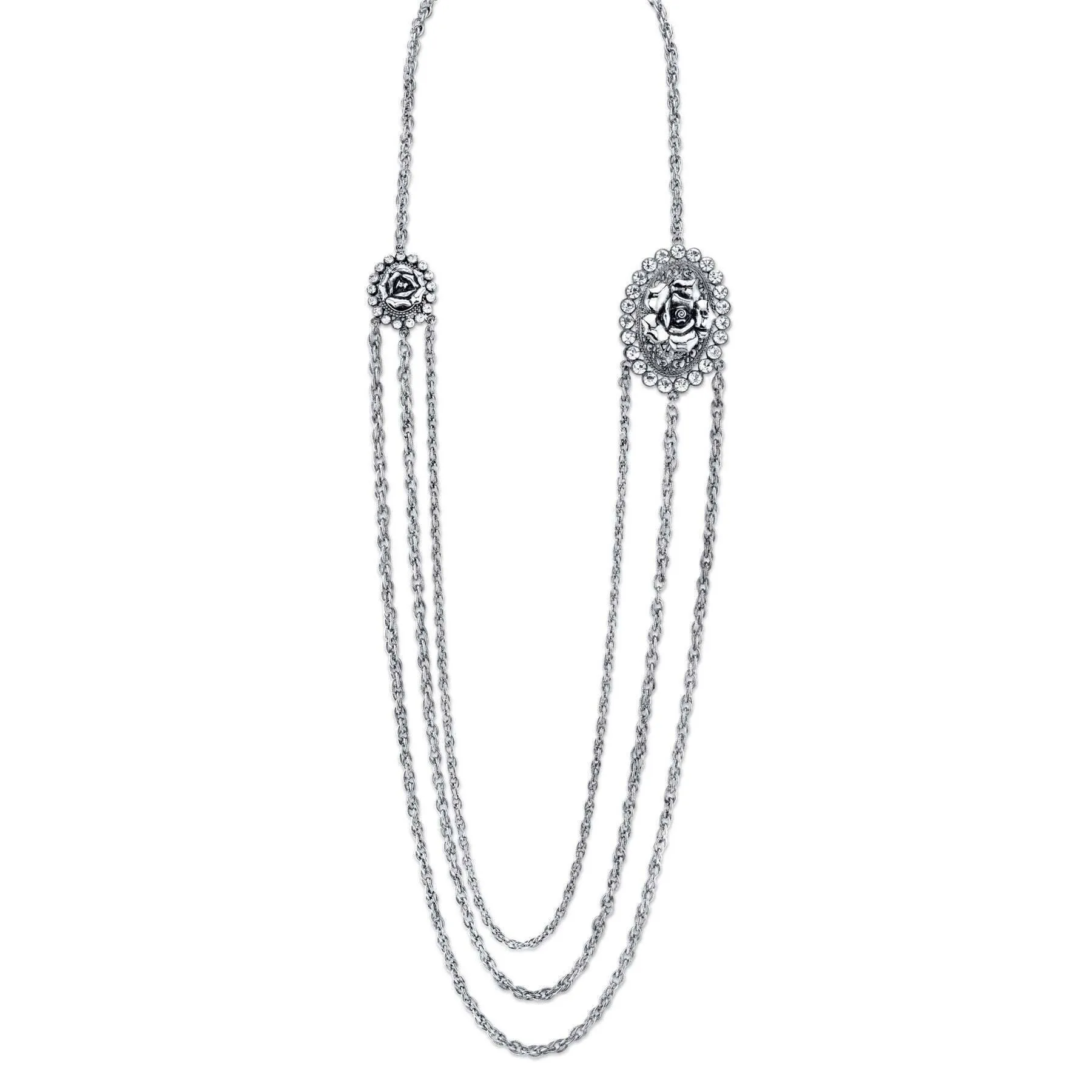 1928 Jewelry Crystal Flower Triple Chain Necklace 30" 1928 Jewelry