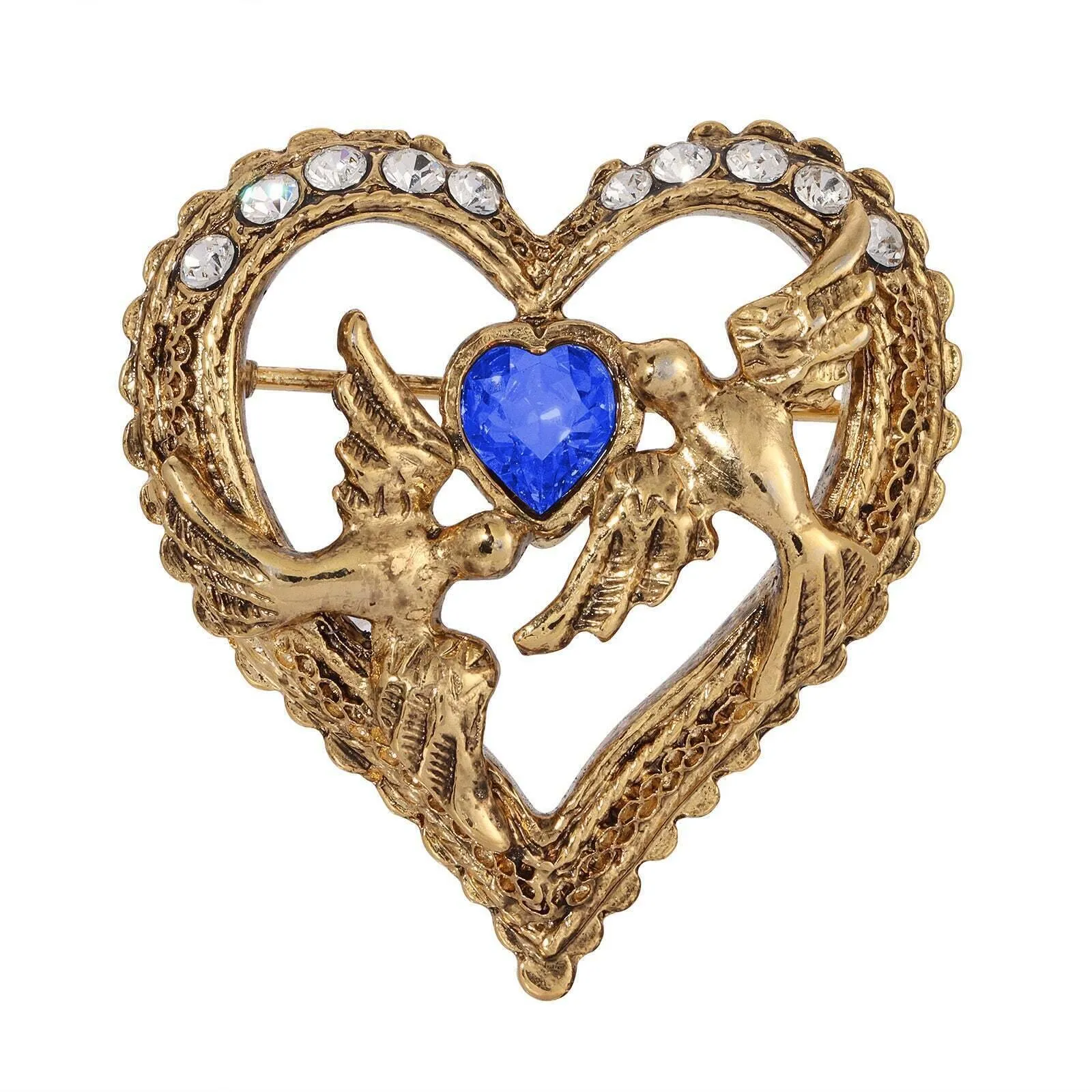1928 Jewelry Crystal Heart Love Birds Pin 1928 Jewelry