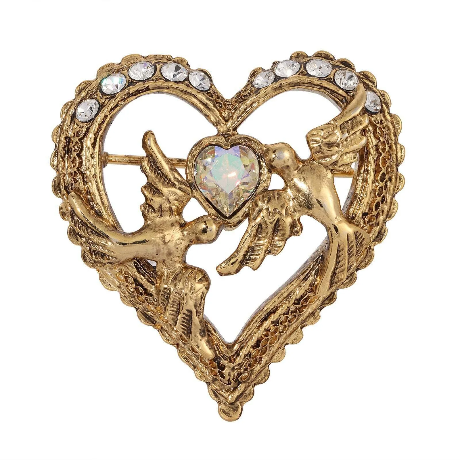 1928 Jewelry Crystal Heart Love Birds Pin 1928 Jewelry