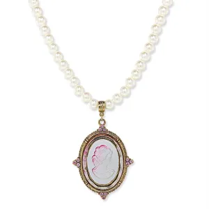 1928 Jewelry Crystal Oval Glass Intaglio 8mm Faux Pearl Strand Pendant Necklace 18" 1928 Jewelry