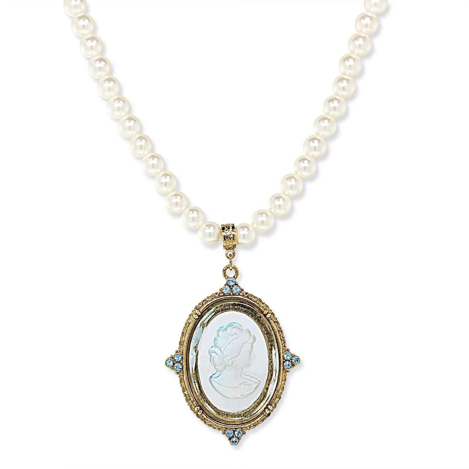 1928 Jewelry Crystal Oval Glass Intaglio 8mm Faux Pearl Strand Pendant Necklace 18" 1928 Jewelry