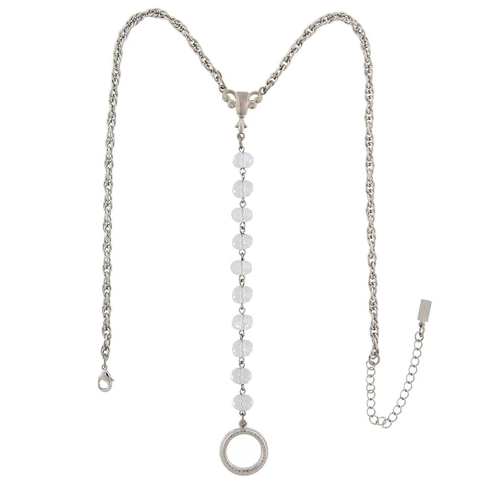 1928 Jewelry Crystal Rosary Badge And Eyeglass Holder Y-Necklace 16"   3" Extender 1928 Jewelry