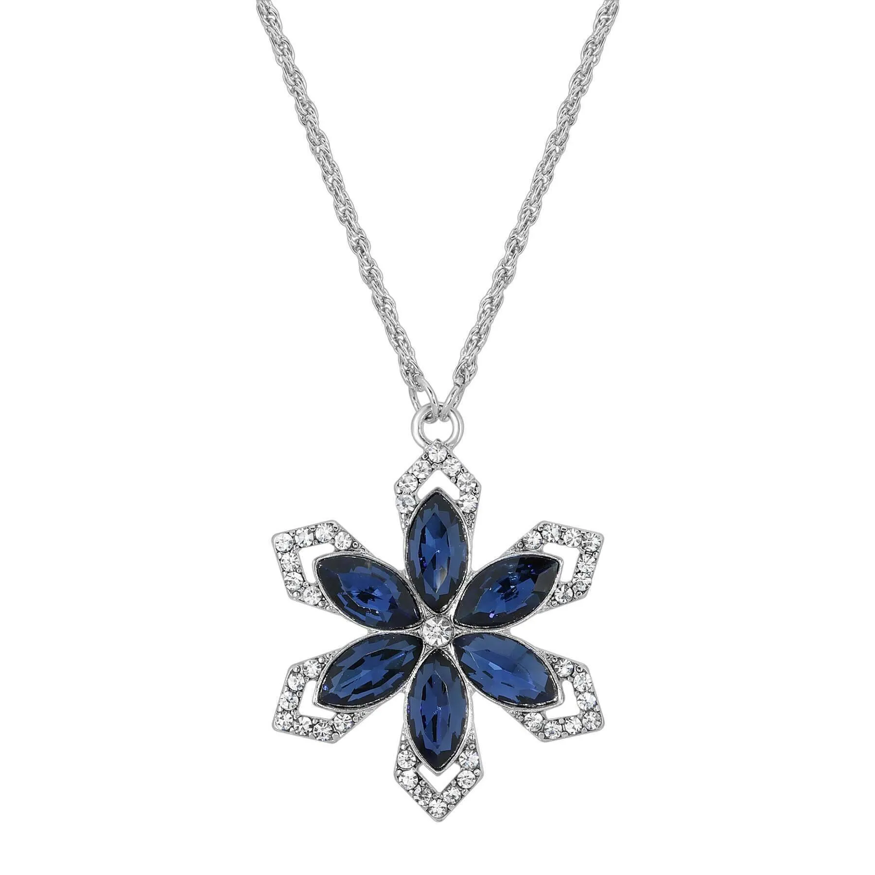 1928 Jewelry Crystal Sapphire Blue Stone Flower Pendant Necklace 16"   3" Extender 1928 Jewelry