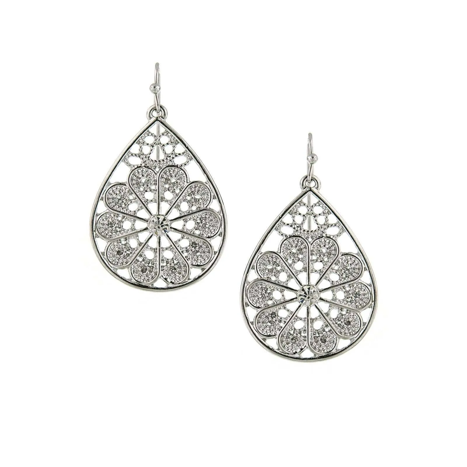 1928 Jewelry Crystal Silver Fancy Filigree Teardrop Earrings 1928 Jewelry