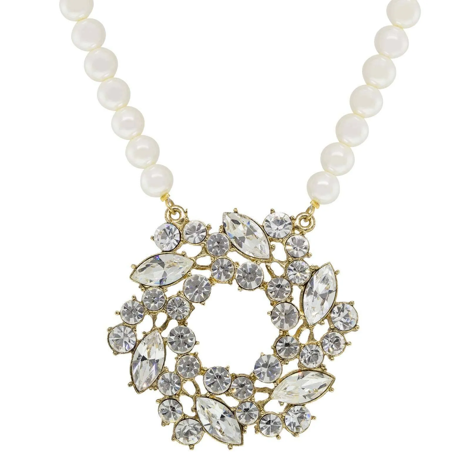 1928 Jewelry Crystal Wreath 8mm Faux Pearl Strand Drop Pendant Necklace 16"   3" Extender 1928 Jewelry
