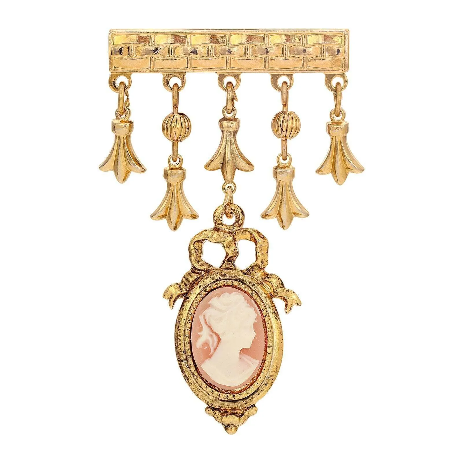 1928 Jewelry Dangling Charm Pink Cameo Bar Pin 1928 Jewelry
