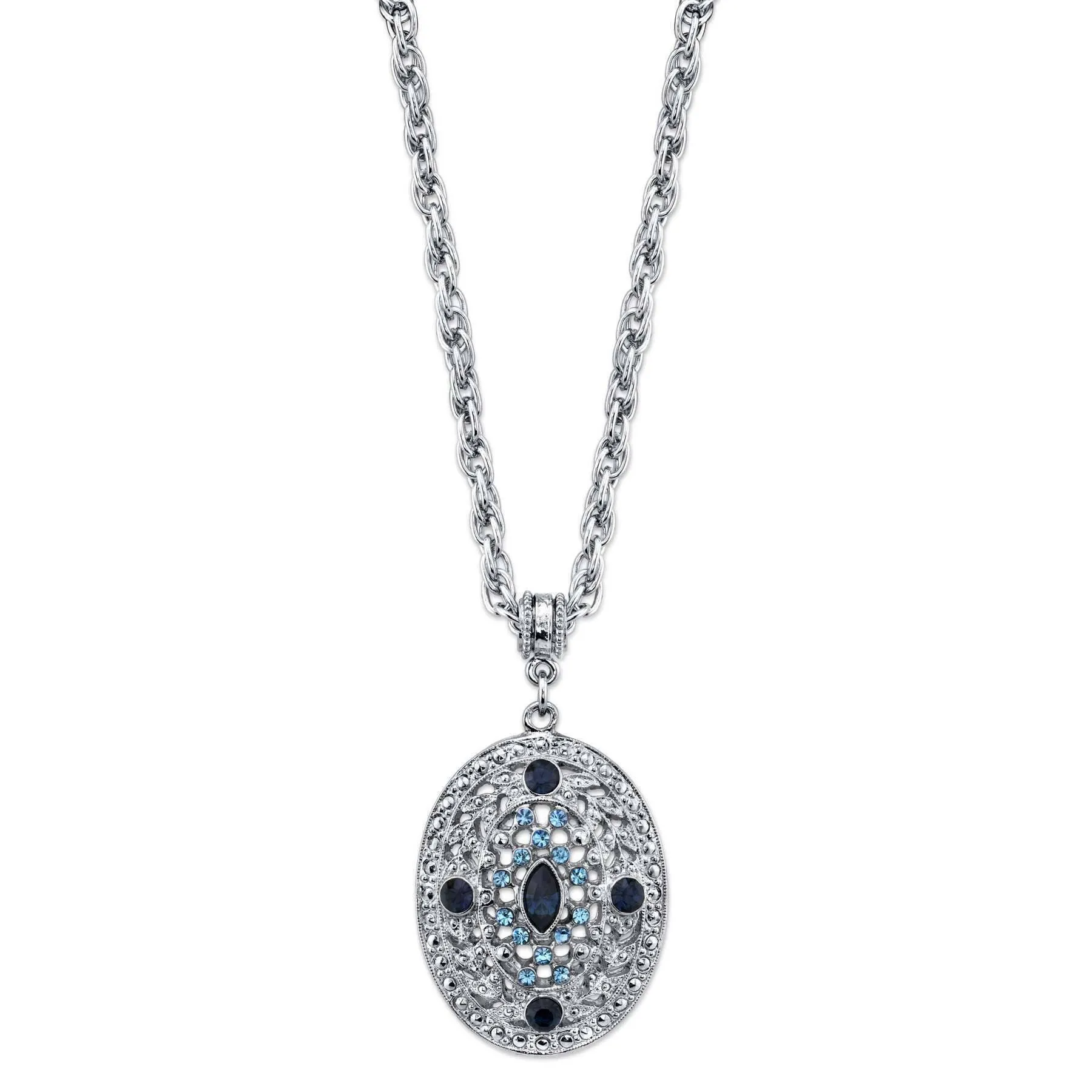 1928 Jewelry Dark and Light Blue Crystal Filigree Oval Pendant Necklace 16"   3" Extender 1928 Jewelry
