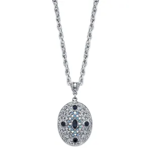 1928 Jewelry Dark and Light Blue Crystal Filigree Oval Pendant Necklace 16"   3" Extender 1928 Jewelry