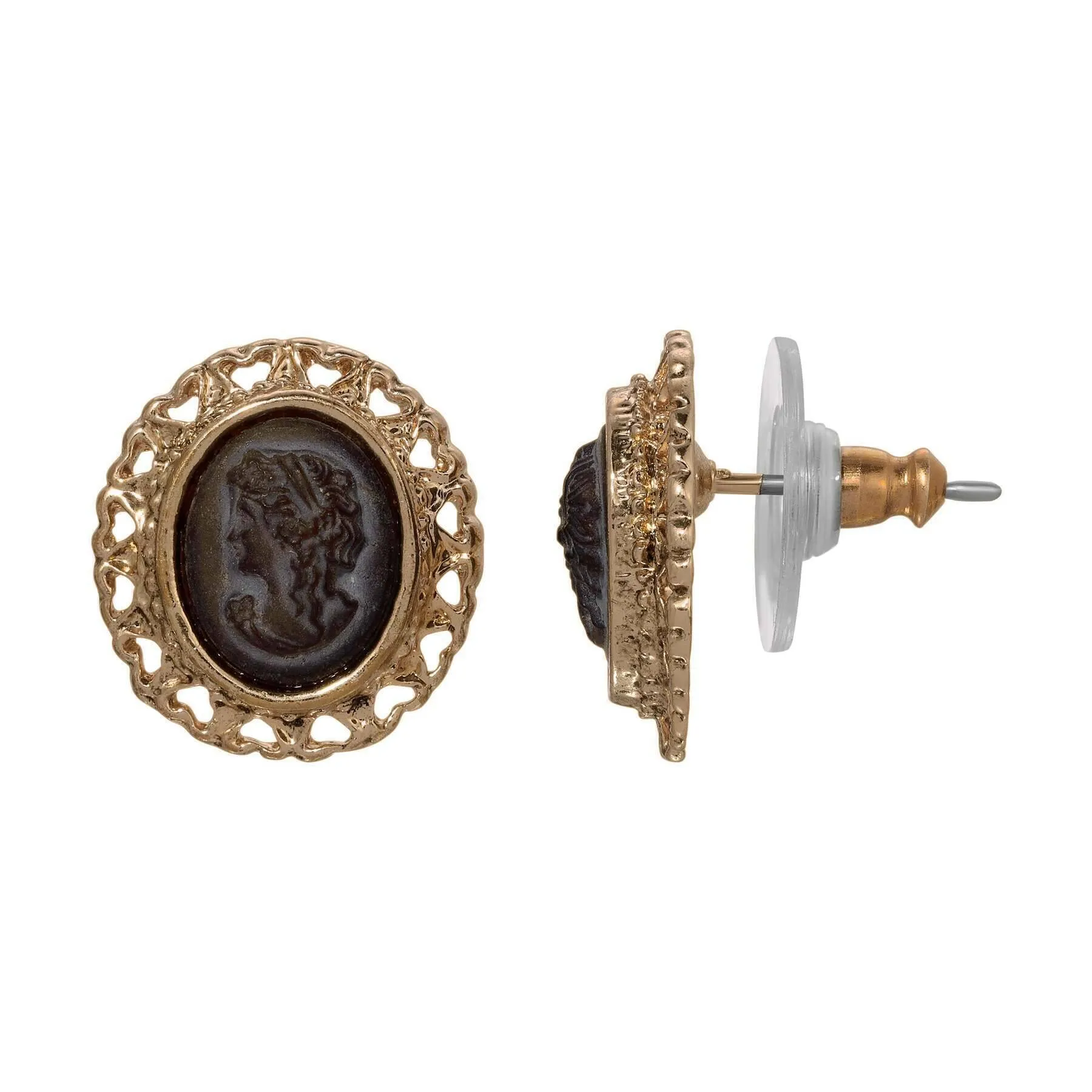 1928 Jewelry Dark Brown Edwardian Silhouette Cameo Hearts Stud Earrings 1928 Jewelry