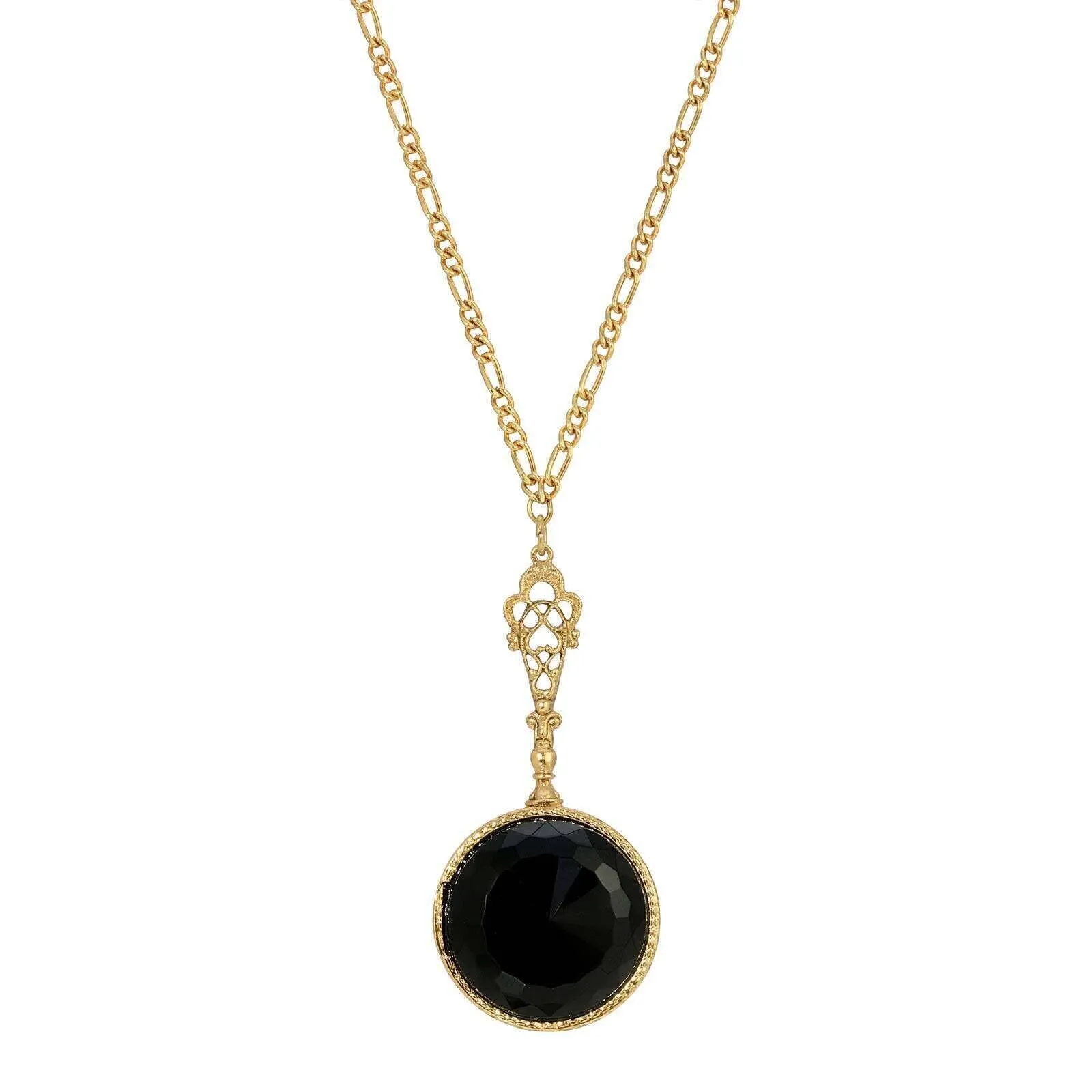 1928 Jewelry Deco Black Faceted Stone Pendant Necklace 28" 1928 Jewelry