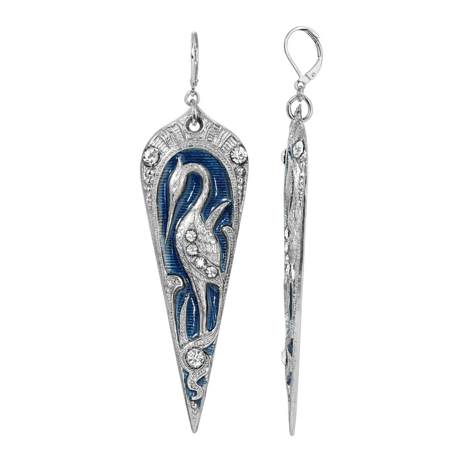 1928 Jewelry Deco Crane Blue Enamel Crystal Drop Earrings 1928 Jewelry