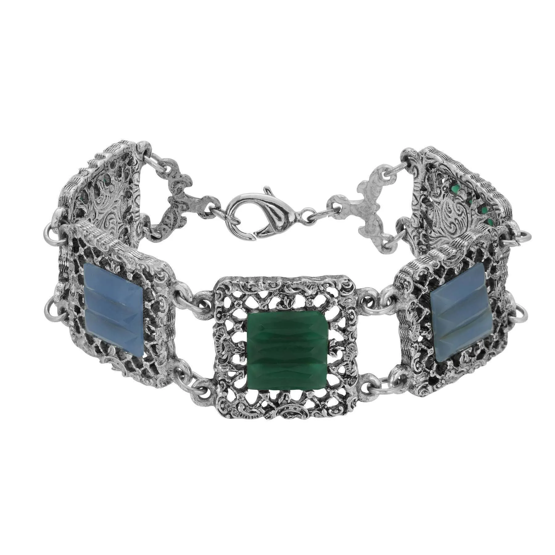 1928 Jewelry Deco Filigree Square Glass Stone Bracelet 1928 Jewelry