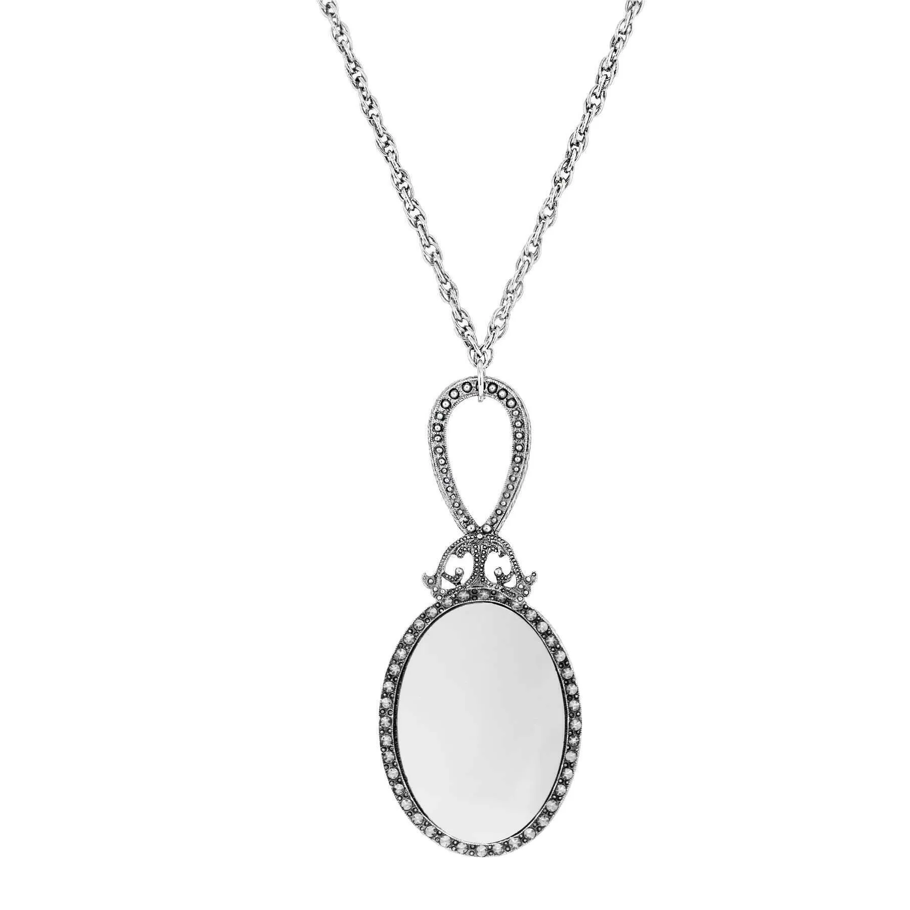 1928 Jewelry Deco Floral Blue Enamel Sapphire Crystal Mirror Pendant Necklace 30" 1928 Jewelry