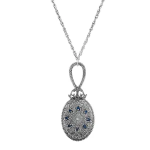 1928 Jewelry Deco Floral Blue Enamel Sapphire Crystal Mirror Pendant Necklace 30" 1928 Jewelry