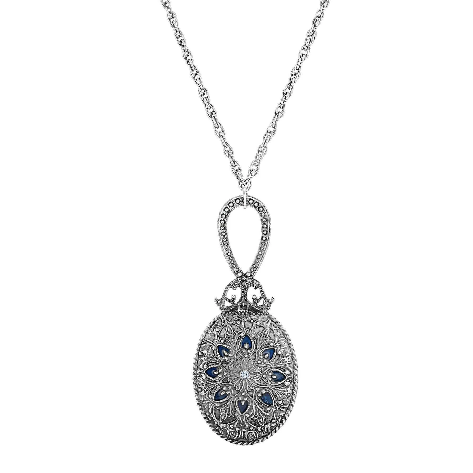 1928 Jewelry Deco Floral Blue Enamel Sapphire Crystal Mirror Pendant Necklace 30" 1928 Jewelry