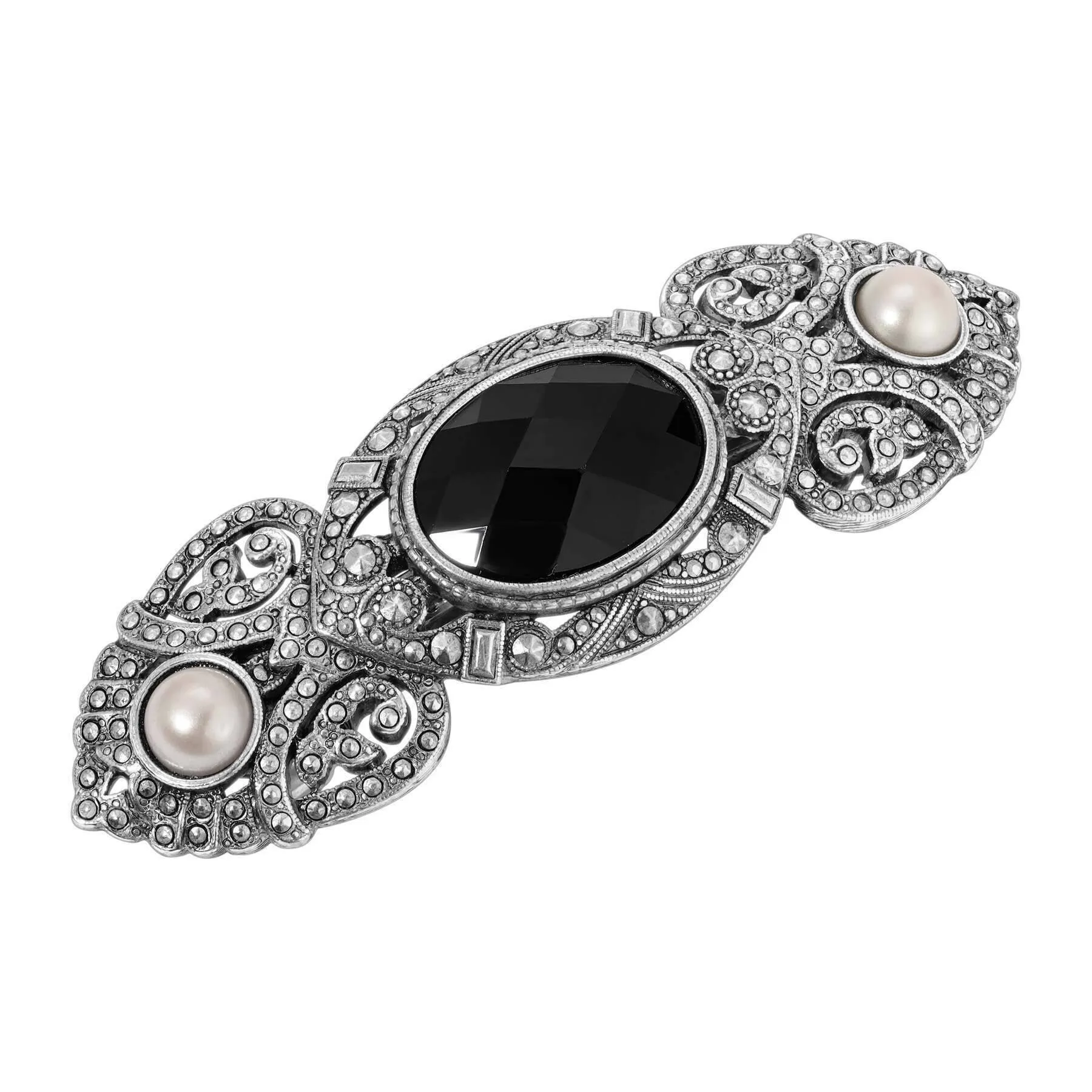 1928 Jewelry Deco Jet Black Glass Stone Light Pink Faux Pearl & Marcasite Encrusted Hair Barrette 1928 Jewelry