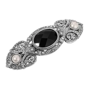 1928 Jewelry Deco Jet Black Glass Stone Light Pink Faux Pearl & Marcasite Encrusted Hair Barrette 1928 Jewelry