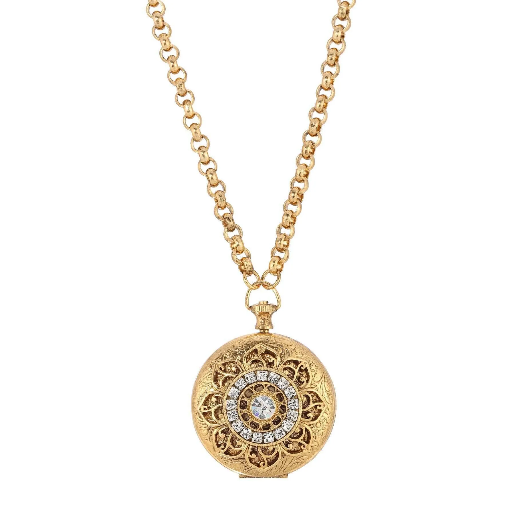 1928 Jewelry Deco Lux Crystal Pocket Watch Locket Necklace 28" 1928 Jewelry