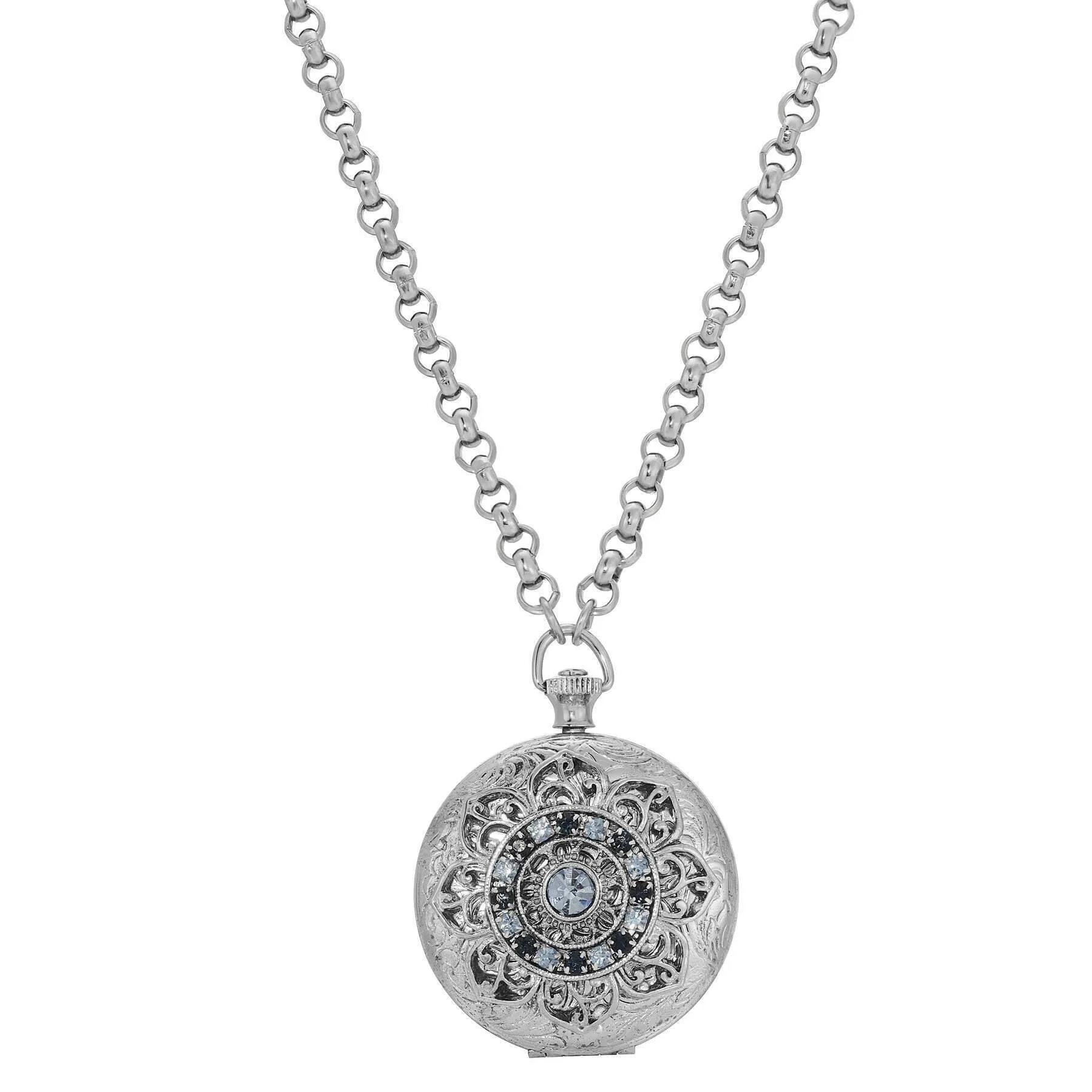 1928 Jewelry Deco Lux Crystal Pocket Watch Locket Necklace 28" 1928 Jewelry