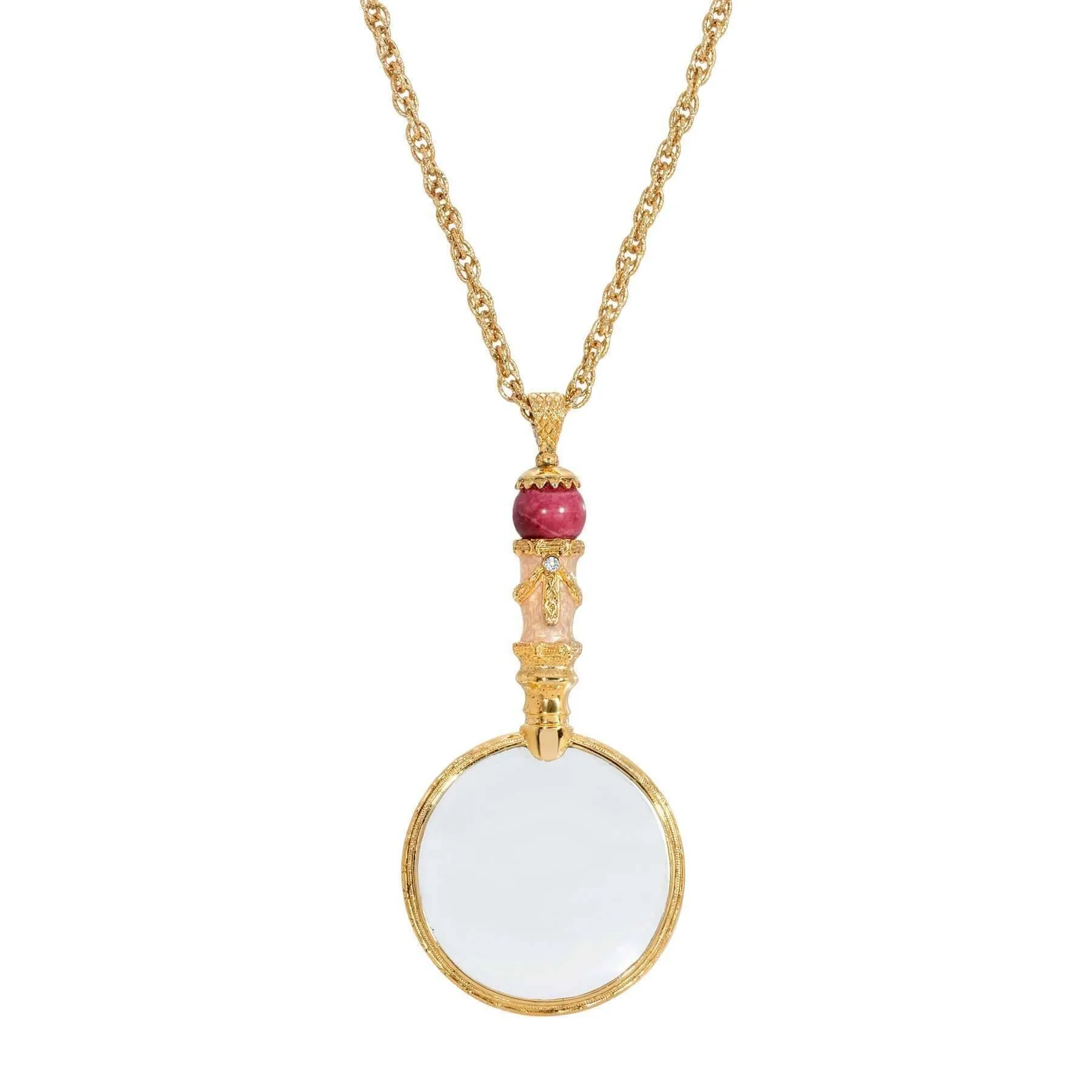 1928 Jewelry Deco Magnifying Glass Maroon Howlite Gemstone Light Peach Enamel Pendant Necklace 30" - Magnification Power: 1-2X 1928 Jewelry