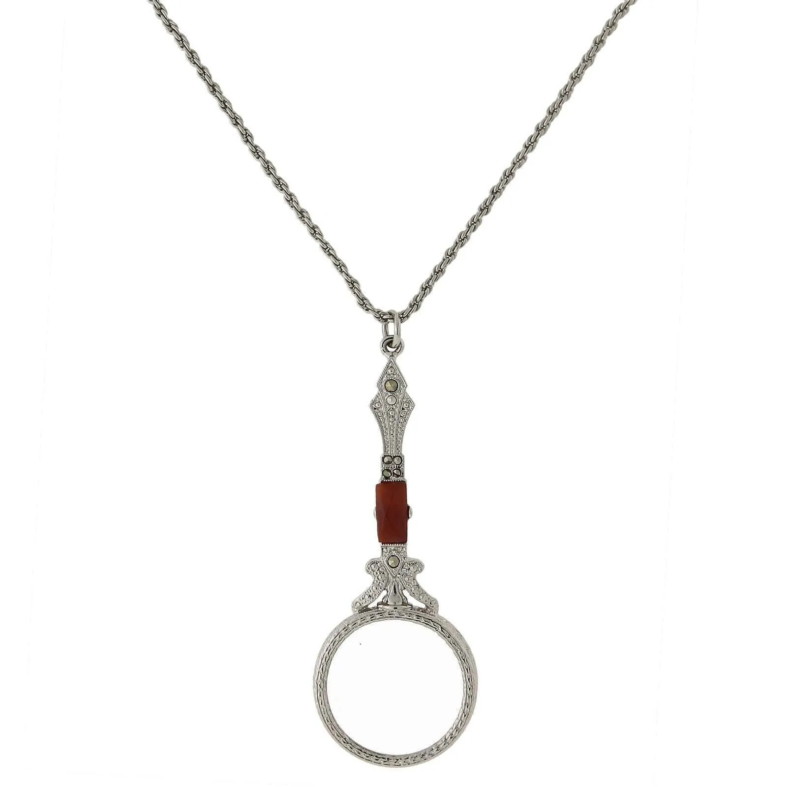 1928 Jewelry Deco Marcasite Baguette Stone Round Magnifying Glass Necklace 28" - Magnification Power: 6-7X 1928 Jewelry