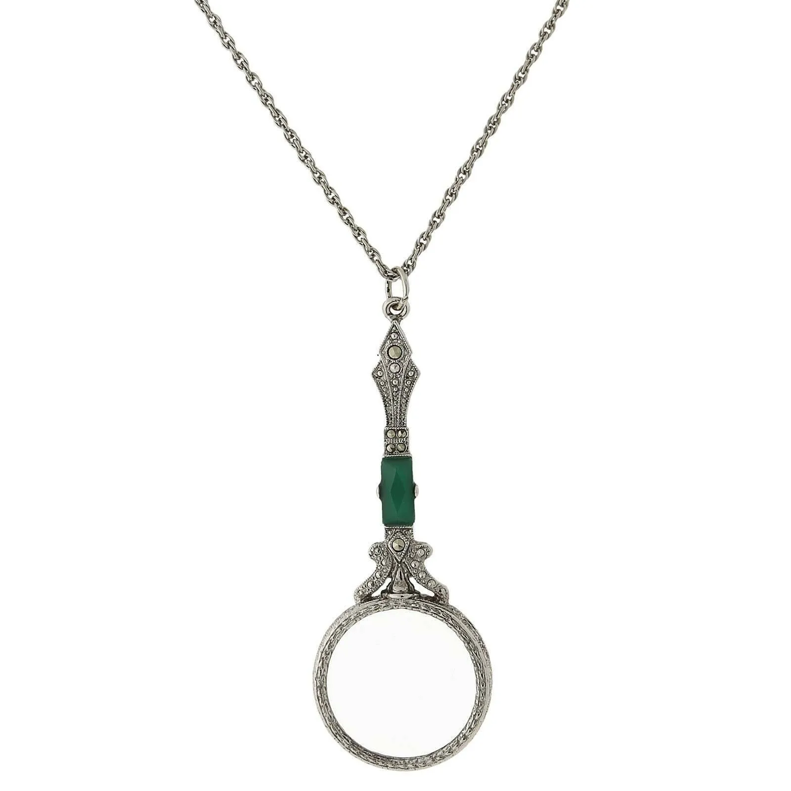 1928 Jewelry Deco Marcasite Baguette Stone Round Magnifying Glass Necklace 28" - Magnification Power: 6-7X 1928 Jewelry