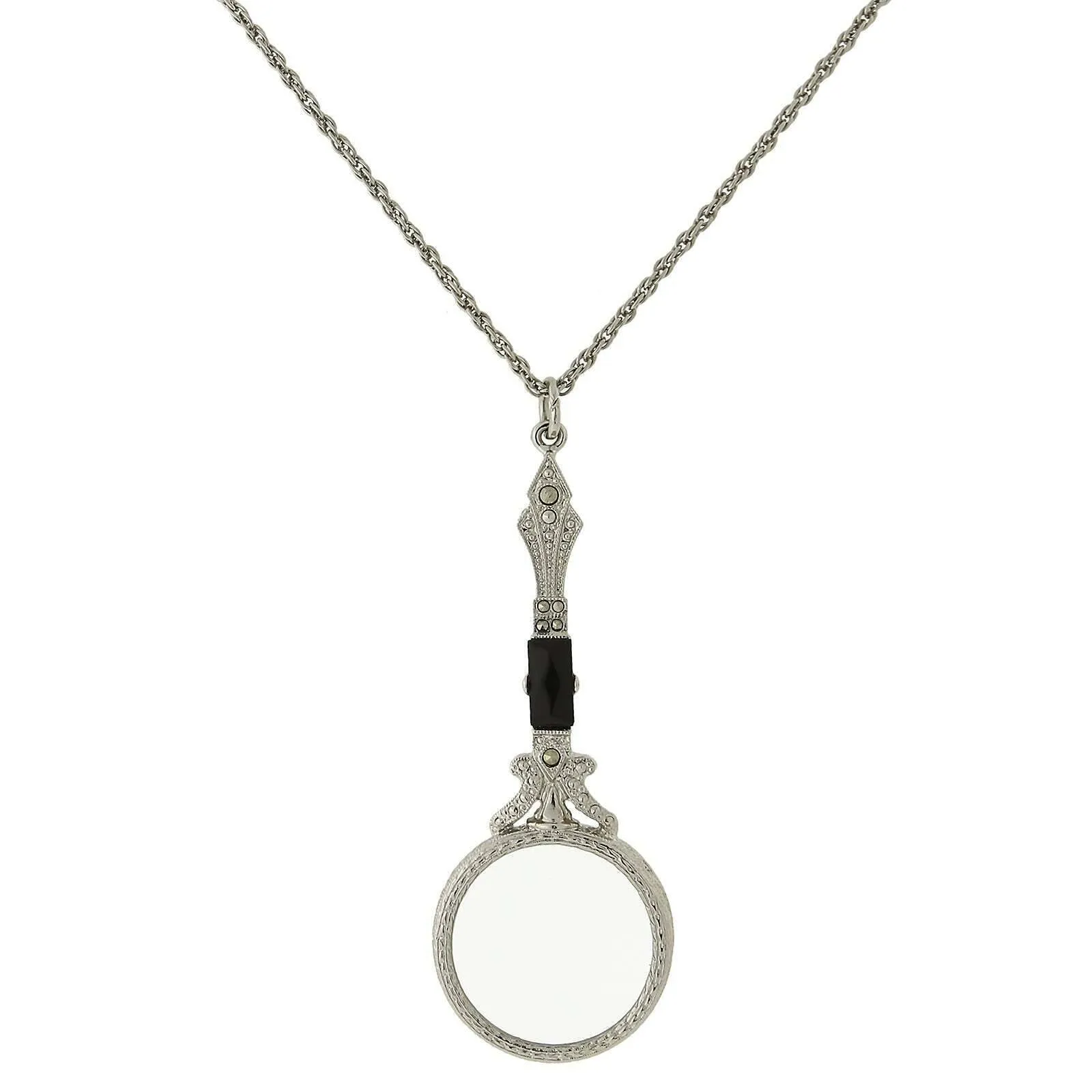 1928 Jewelry Deco Marcasite Baguette Stone Round Magnifying Glass Necklace 28" - Magnification Power: 6-7X 1928 Jewelry