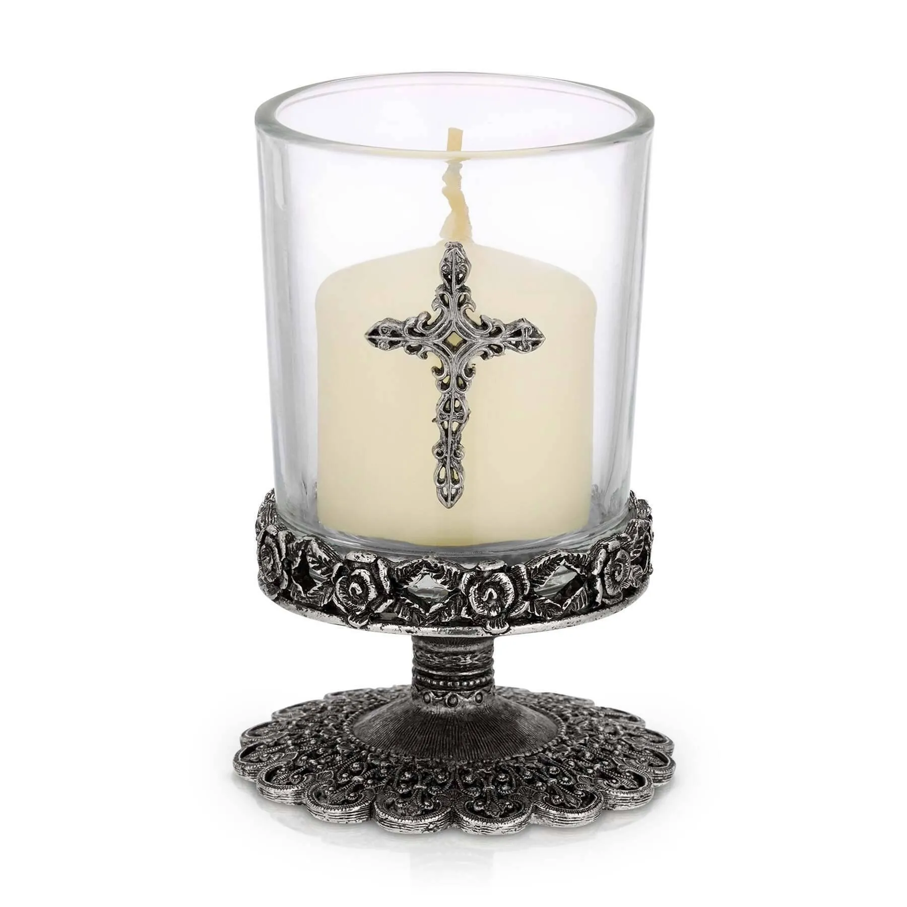 1928 Jewelry Deco Rose And Cross Glass Candle Holder 1928 Jewelry