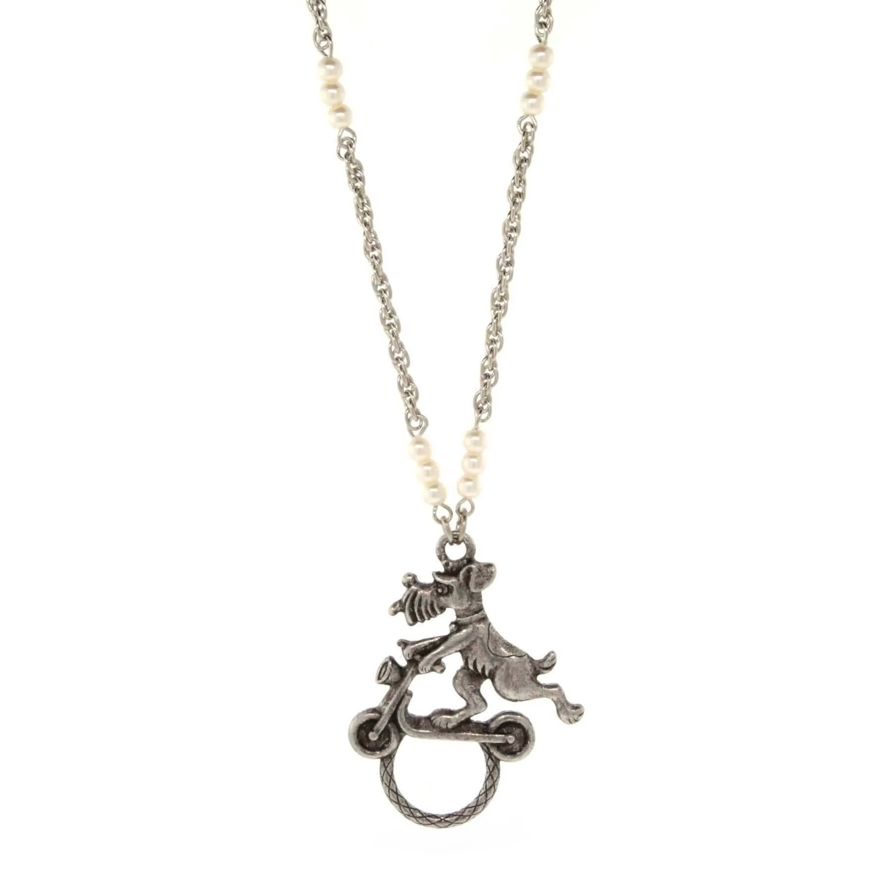 1928 Jewelry Dog On Scooter With Faux Pearl Badge & Eyeglass Holder Chain Necklace 30" 1928 Jewelry