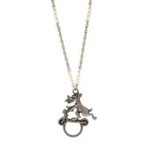 1928 Jewelry Dog On Scooter With Faux Pearl Badge & Eyeglass Holder Chain Necklace 30" 1928 Jewelry