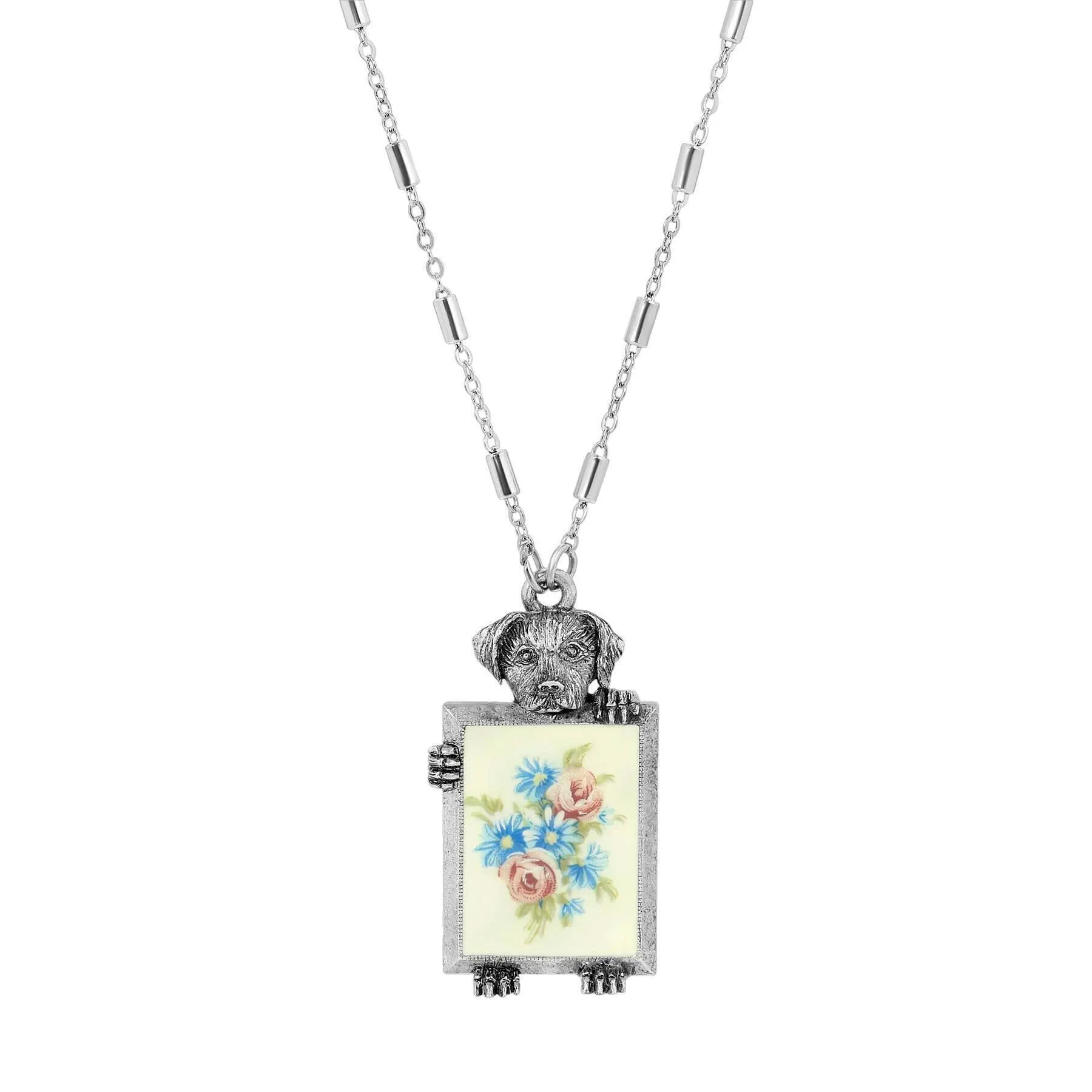 1928 Jewelry Dog Pendant Grecian Windflowers & Roses Decal Necklace 28" 1928 Jewelry