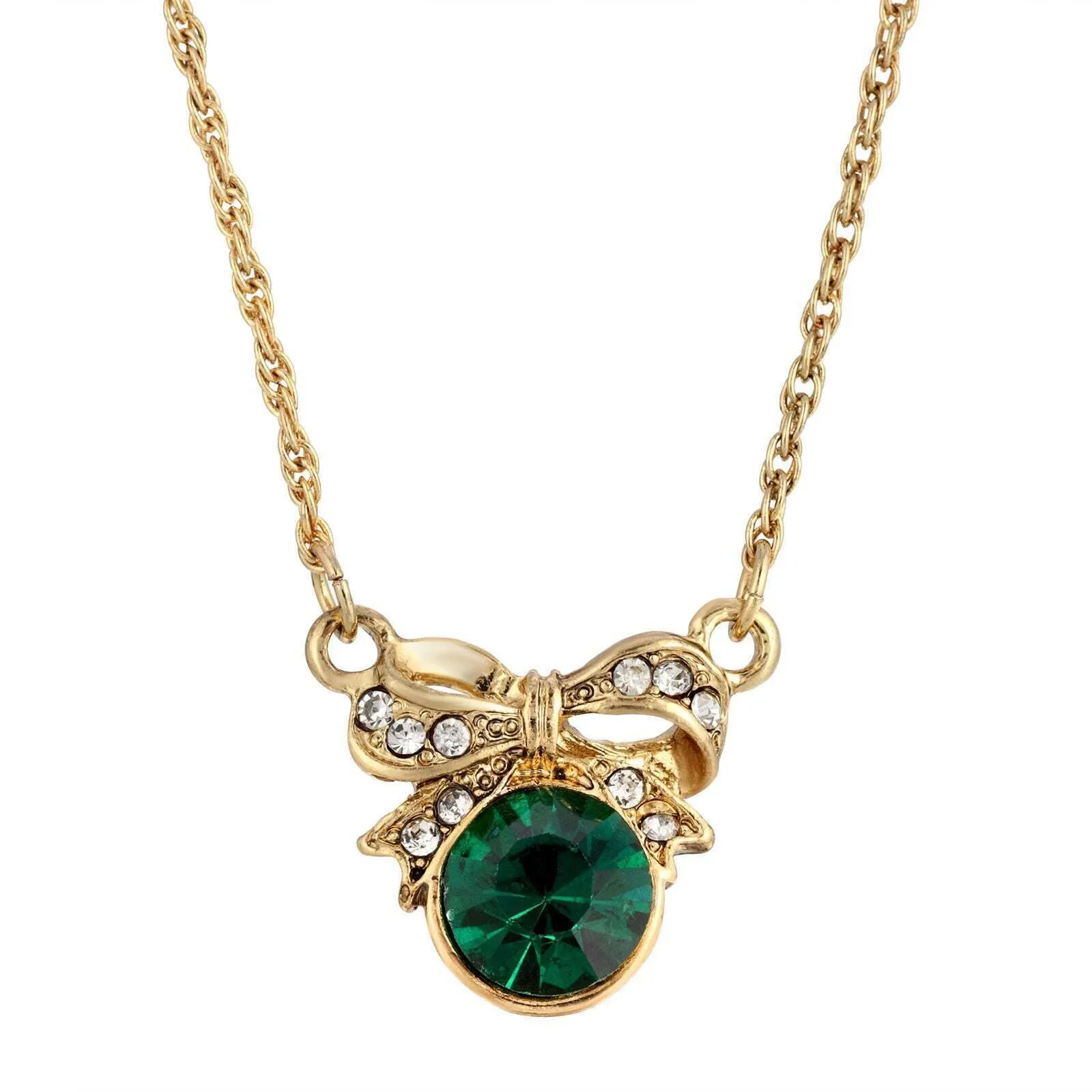 1928 Jewelry Edwardian Petite Bow & Emerald Green Crystal Pendant Necklace 16"   3" Extender 1928 Jewelry