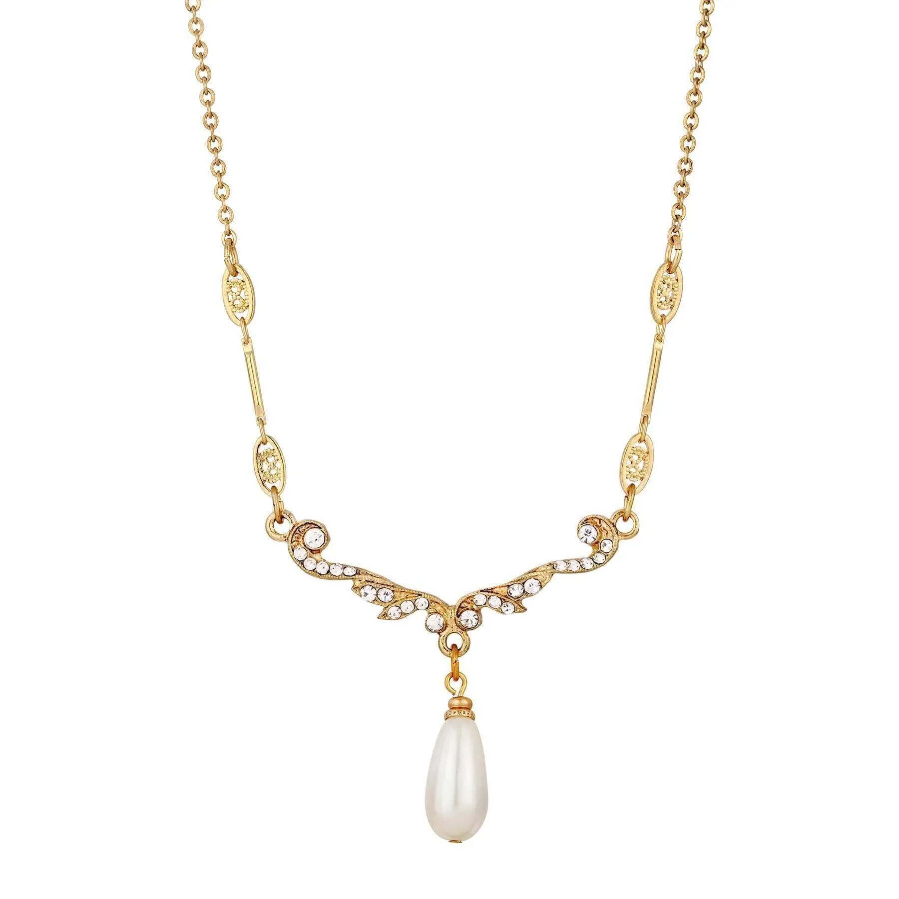 1928 Jewelry Edwardian Teardrop Faux Pearl Crystal Necklace 16"   3" Extender 1928 Jewelry