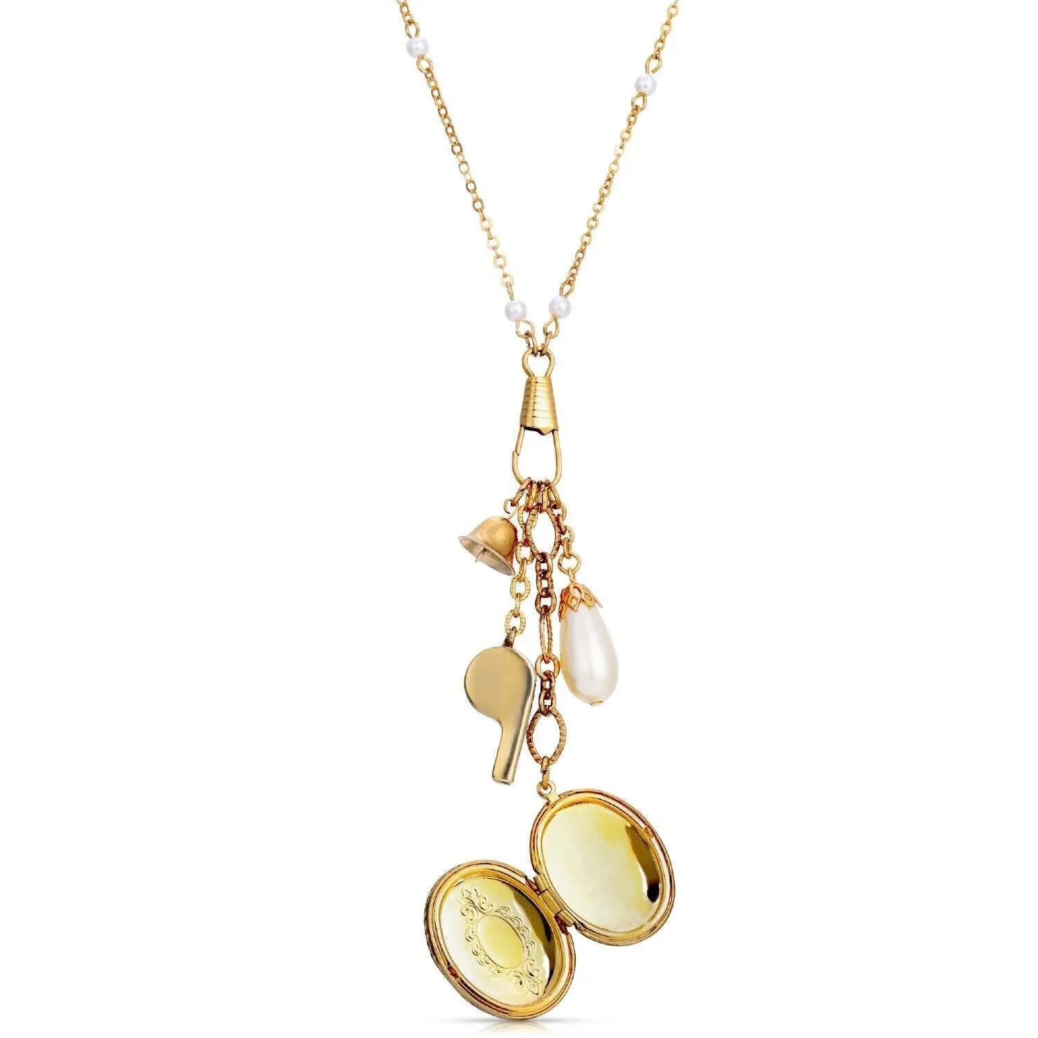 1928 Jewelry Elegant Faux Pearl Locket With Whistle Bell Charm Necklace 28" 1928 Jewelry