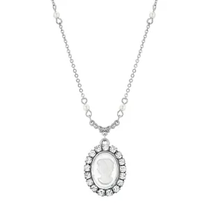 1928 Jewelry Elenor Oval Intaglio Crystal White Faux Pearl Pendant Necklace 16"   3" Extender 1928 Jewelry