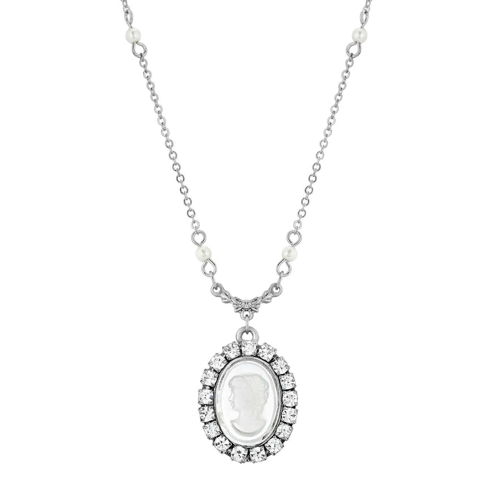 1928 Jewelry Elenor Oval Intaglio Crystal White Faux Pearl Pendant Necklace 16"   3" Extender 1928 Jewelry