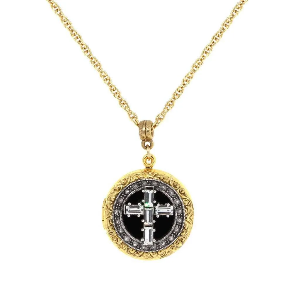 1928 Jewelry Enamel & Baguette Crystal Cross Locket Necklace 16"   3" Extender 1928 Jewelry