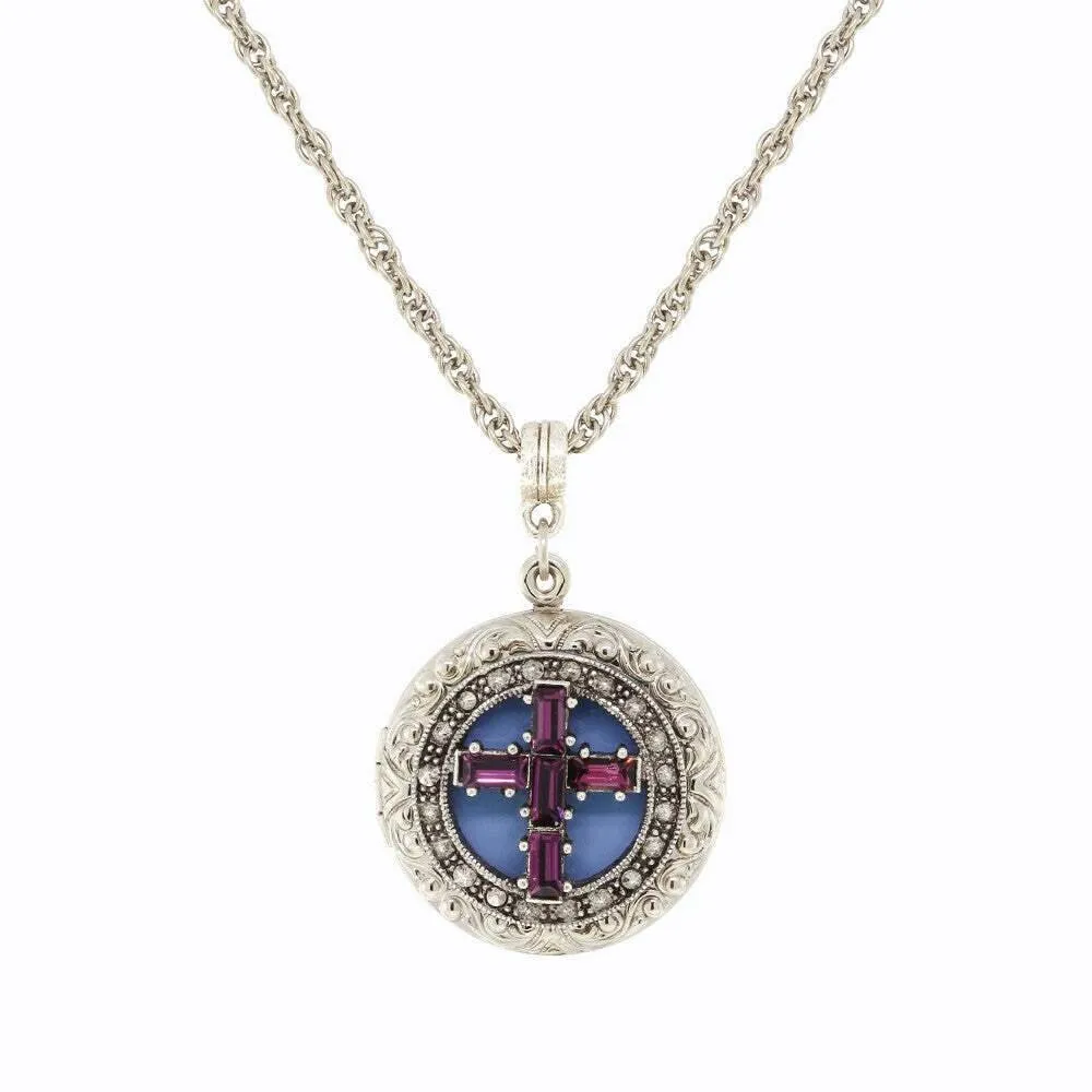 1928 Jewelry Enamel & Baguette Crystal Cross Locket Necklace 16"   3" Extender 1928 Jewelry