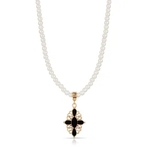 1928 Jewelry Enamel & Stone Black Cross 4mm Faux Pearl Strand Pendant Necklace 15"  3" Extender 1928 Jewelry