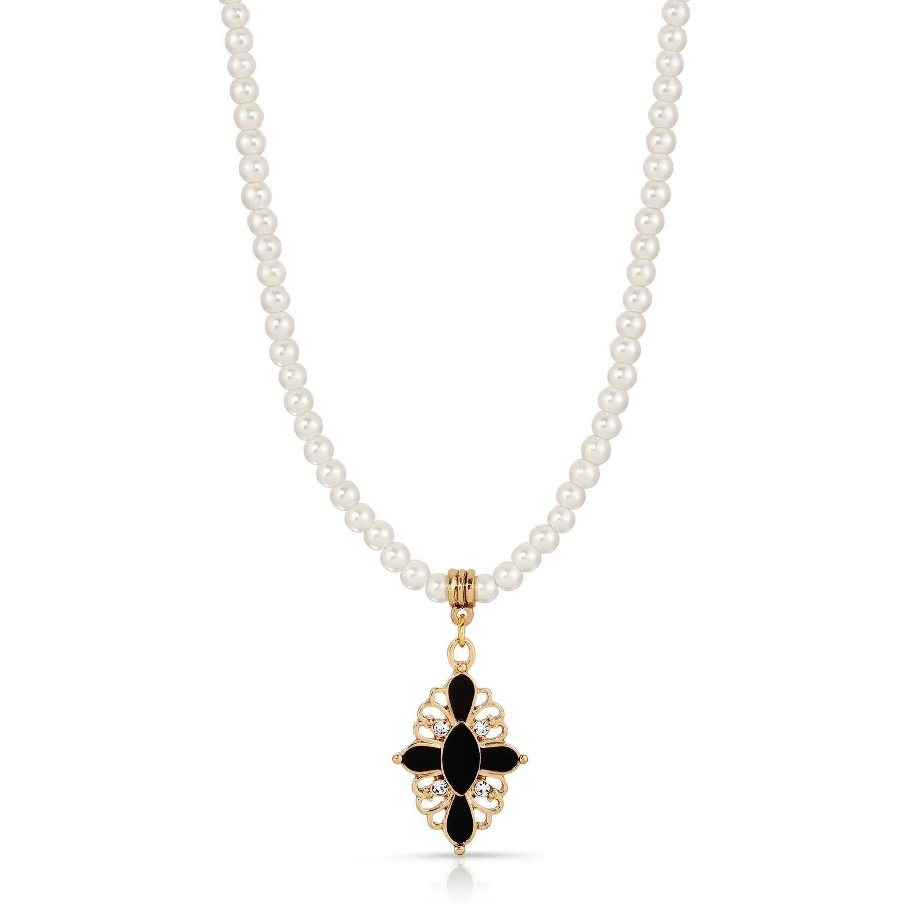1928 Jewelry Enamel & Stone Black Cross 4mm Faux Pearl Strand Pendant Necklace 15"  3" Extender 1928 Jewelry