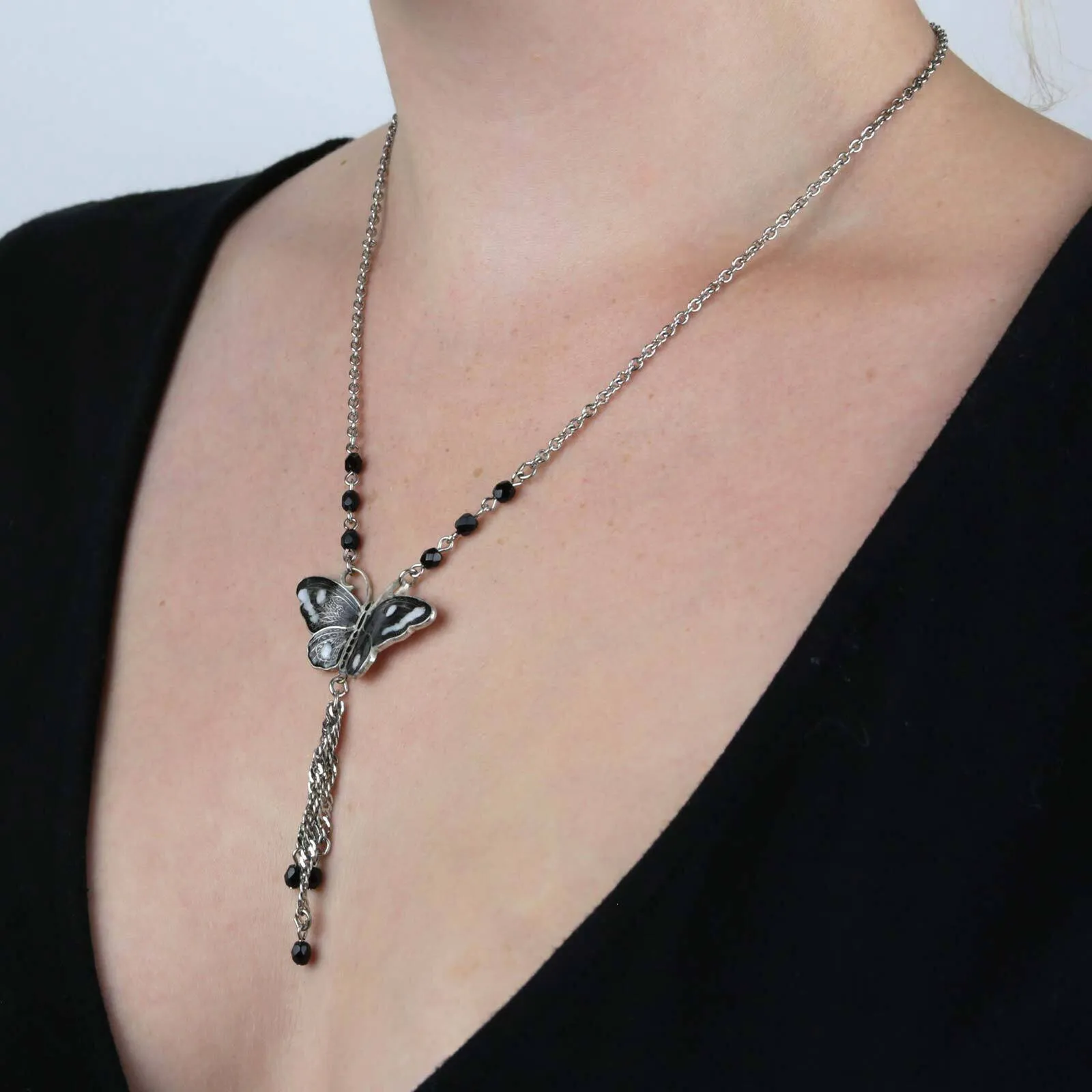 1928 Jewelry Enamel Butterfly Tassel Necklace 16"   3" Extender 1928 Jewelry