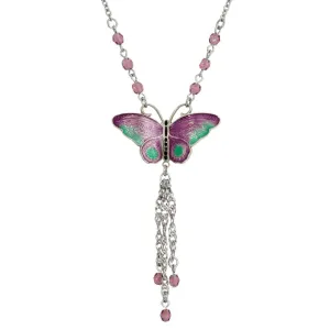 1928 Jewelry Enamel Butterfly Tassel Necklace 16"   3" Extender 1928 Jewelry