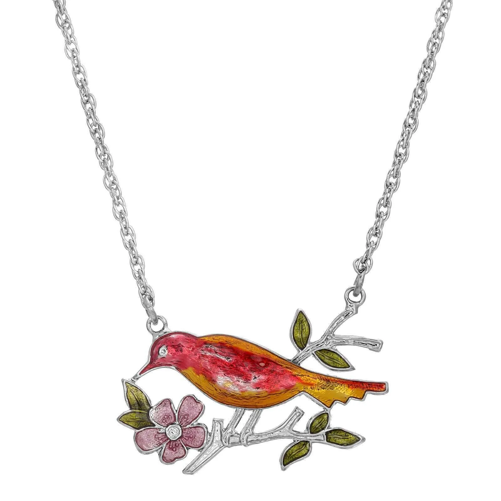 1928 Jewelry Enameled Perched Bird Pendant Necklace 18" 1928 Jewelry